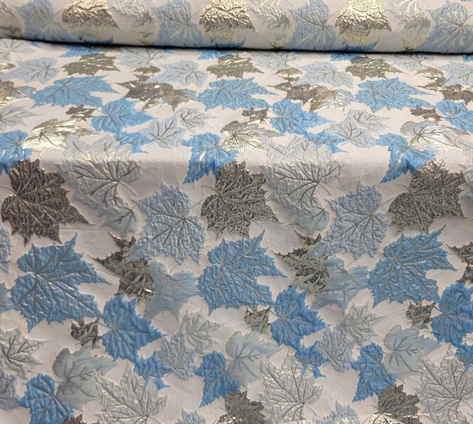 Brocade Sky Blue Silver Mapple Leaf Soft Flowy Prom Fabric Sold by the Yard Gown Quinceañera Bridal Cocktail Jacquard Luxurious Fabric