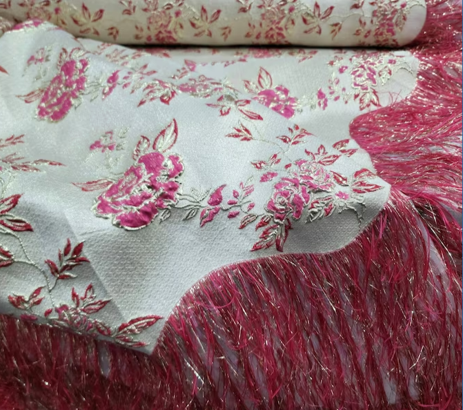 Fuchsia Brocade Floral Flowers Jacquard French Fringes Luxurious Jacquar Fabric by the Yard Gown Prom Quinceañera Bridal