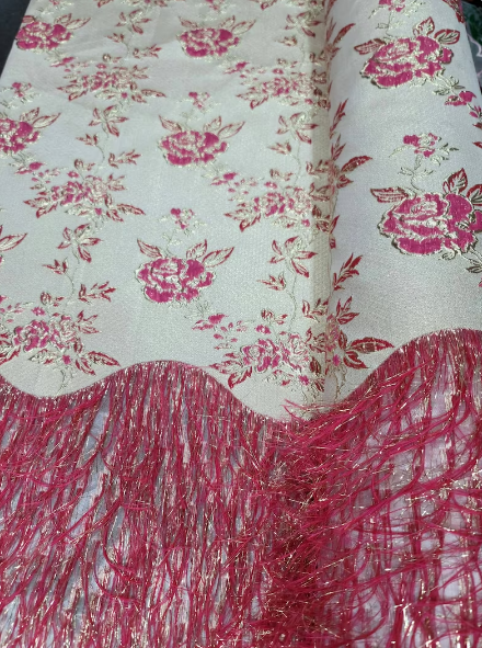 Fuchsia Brocade Floral Flowers Jacquard French Fringes Luxurious Jacquar Fabric by the Yard Gown Prom Quinceañera Bridal