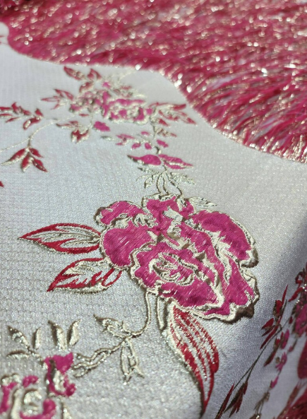 Fuchsia Brocade Floral Flowers Jacquard French Fringes Luxurious Jacquar Fabric by the Yard Gown Prom Quinceañera Bridal