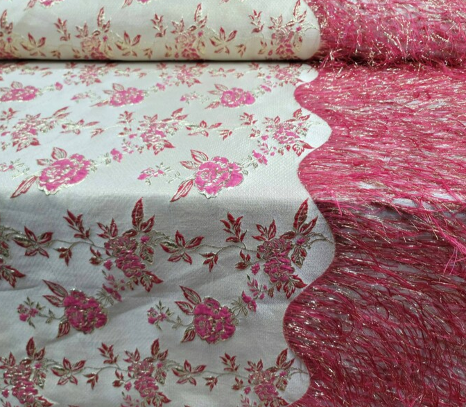 Fuchsia Brocade Floral Flowers Jacquard French Fringes Luxurious Jacquar Fabric by the Yard Gown Prom Quinceañera Bridal