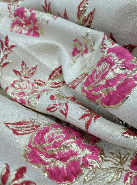 Fuchsia Brocade Floral Flowers Jacquard French Fringes Luxurious Jacquar Fabric by the Yard Gown Prom Quinceañera Bridal