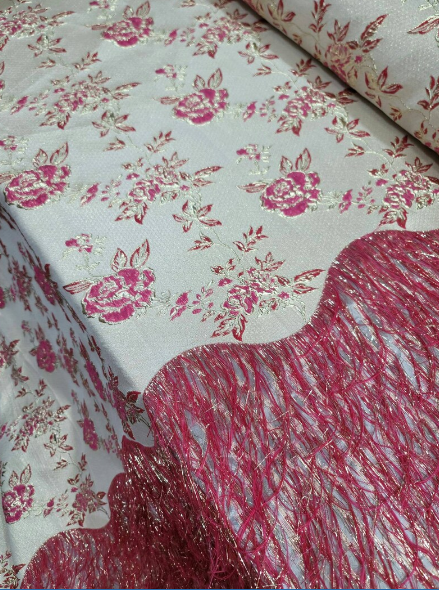 Fuchsia Brocade Floral Flowers Jacquard French Fringes Luxurious Jacquar Fabric by the Yard Gown Prom Quinceañera Bridal
