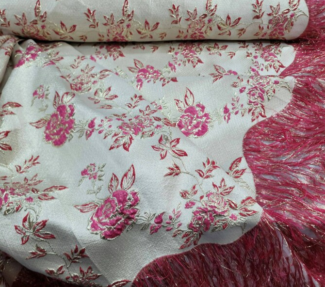 Fuchsia Brocade Floral Flowers Jacquard French Fringes Luxurious Jacquar Fabric by the Yard Gown Prom Quinceañera Bridal