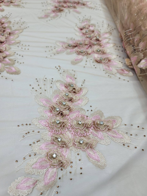 Rose Gold Lace 3d Floral Flowers Embroidered on Mesh Champagne Nude Quinceañera Fabric Sold By The Yard Prom Bridal Sweet 16 Lace