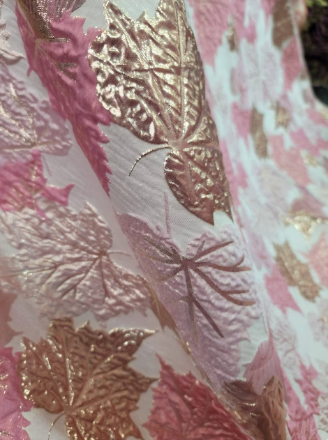Pink Metallic Pink Brocade Dusty Rose Gold Maple Leaves Jacquard Fabric Sold by the Yard Prom Gown Draping Apparel