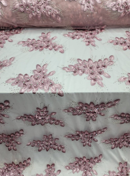 Dusty Rose 3d Floral Beaded Lace Rhinestones On Mesh Fabric Sold By The Yard Quinceanera Prom Sweet Sixteen