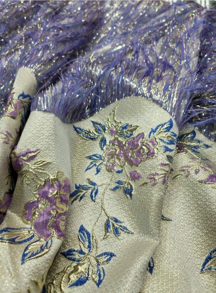 Lavender Gold Metallic Brocade Eyelash Prom Fabric Sold by the Yard Gown Quinceañera Bridal Decoration Draping Jacquard