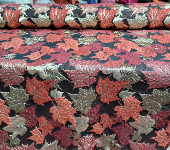 Brocade Gold and Burgundy Brocade Maple Leaves Fabric by the Yard Gown Quinceañera Bridal