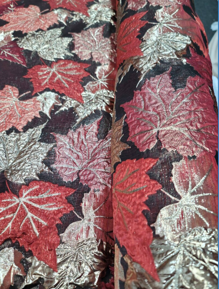 Brocade Gold and Burgundy Brocade Maple Leaves Fabric by the Yard Gown Quinceañera Bridal