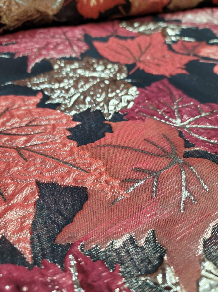Brocade Gold and Burgundy Brocade Maple Leaves Fabric by the Yard Gown Quinceañera Bridal