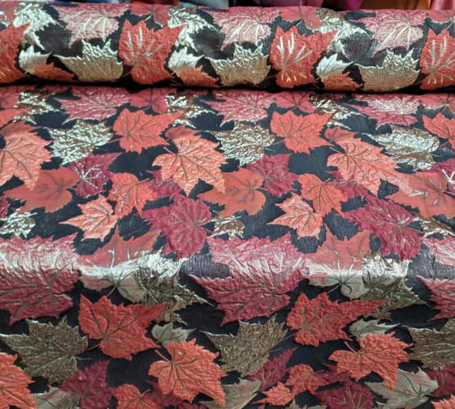 Brocade Gold and Burgundy Brocade Maple Leaves Fabric by the Yard Gown Quinceañera Bridal
