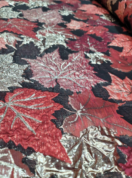 Brocade Gold and Burgundy Brocade Maple Leaves Fabric by the Yard Gown Quinceañera Bridal
