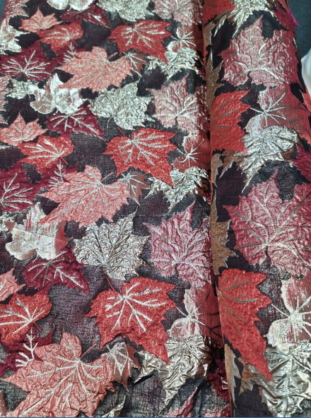 Brocade Gold and Burgundy Brocade Maple Leaves Fabric by the Yard Gown Quinceañera Bridal