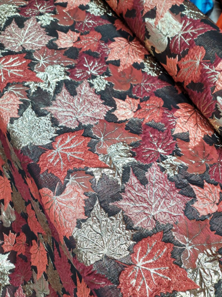 Brocade Gold and Burgundy Brocade Maple Leaves Fabric by the Yard Gown Quinceañera Bridal