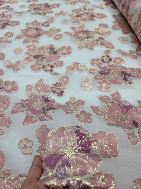 Mauve Dusty Rose Brocade Floral Flowers On White Organza Prom Fabric Sold by the Yard Gown Bridal Fabric