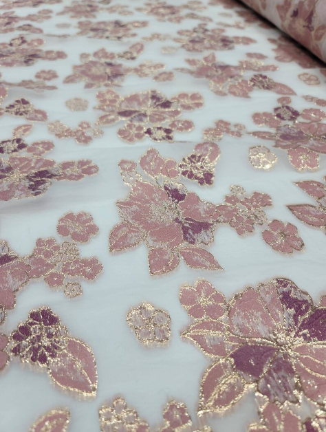 Mauve Dusty Rose Brocade Floral Flowers On White Organza Prom Fabric Sold by the Yard Gown Bridal Fabric