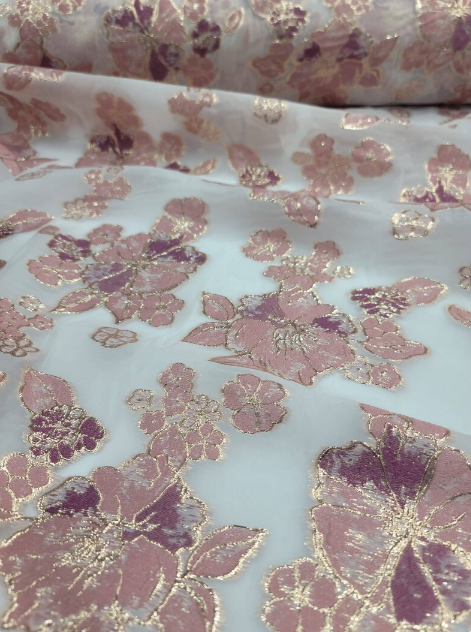 Mauve Dusty Rose Brocade Floral Flowers On White Organza Prom Fabric Sold by the Yard Gown Bridal Fabric