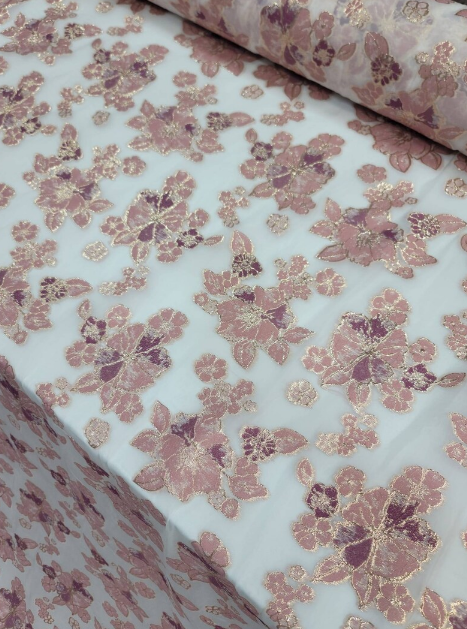 Mauve Dusty Rose Brocade Floral Flowers On White Organza Prom Fabric Sold by the Yard Gown Bridal Fabric