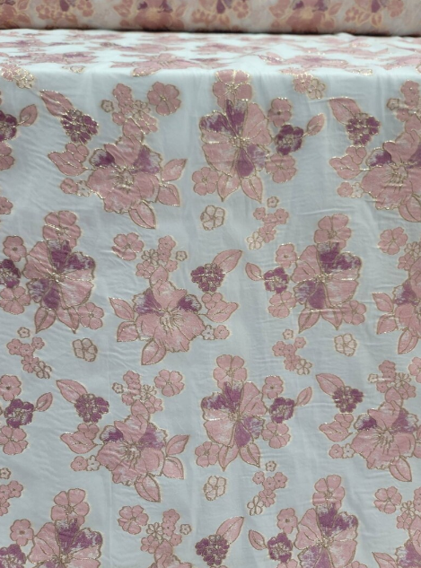 Mauve Dusty Rose Brocade Floral Flowers On White Organza Prom Fabric Sold by the Yard Gown Bridal Fabric