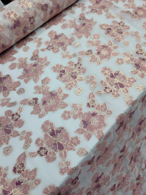 Mauve Dusty Rose Brocade Floral Flowers On White Organza Prom Fabric Sold by the Yard Gown Bridal Fabric