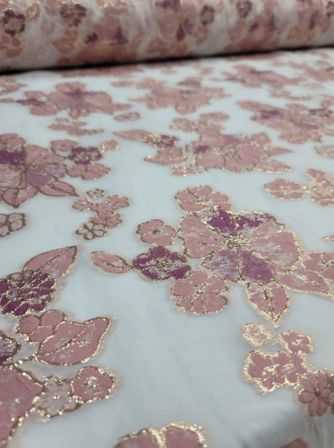 Mauve Dusty Rose Brocade Floral Flowers On White Organza Prom Fabric Sold by the Yard Gown Bridal Fabric