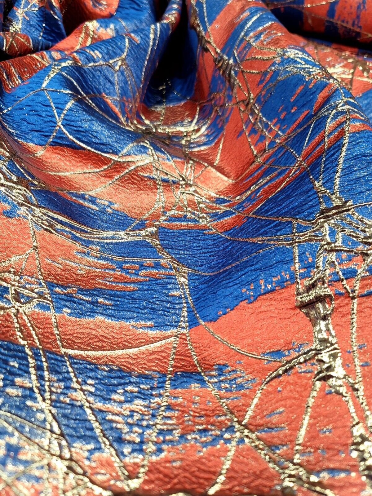 BROCADE RED ROYAL BLUE FABRIC BY THE YARD HOME DECOR DRESS GOLD METALLIC