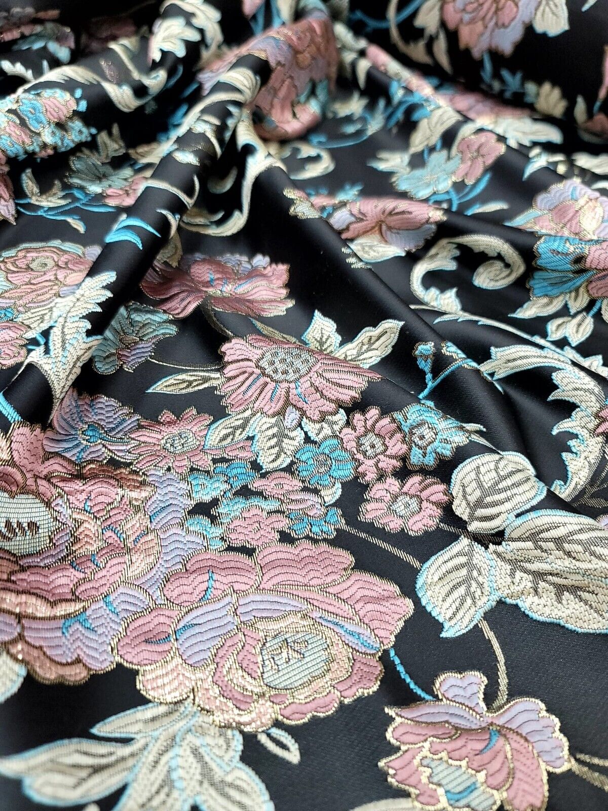 Brocade Floral Pink Lavender Multicolor Damask Fabric By The yard Black Jacquard