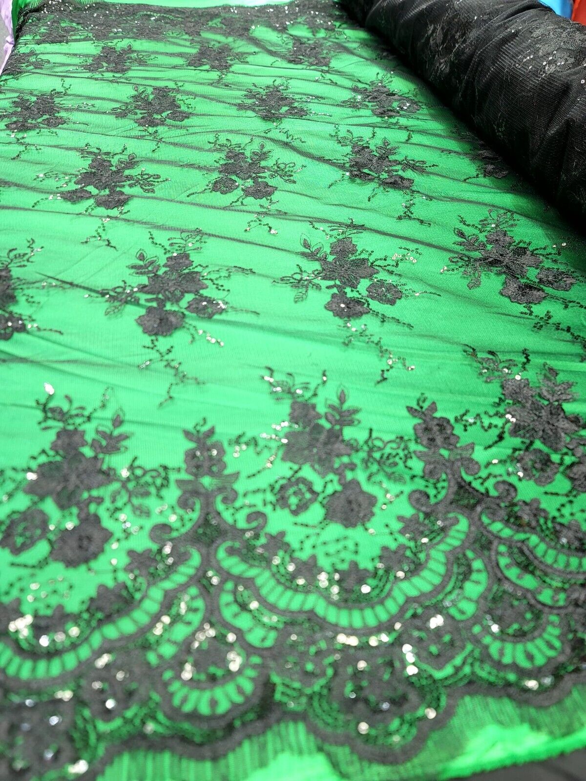 Black Lace Fabric Embroidery Sequins Scalloped Fabric Sold By The Yard Quinceañe