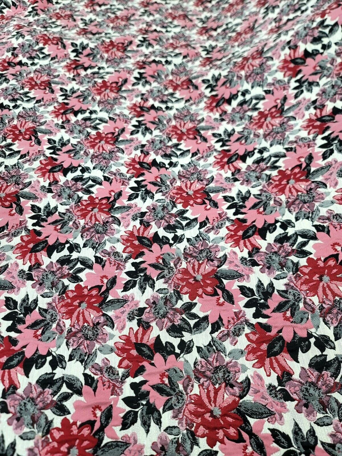 Pink Red Floral Chenille Upholstery Brocade Fabric - 56" Width - Sold by the Yard - Gray Leaves
