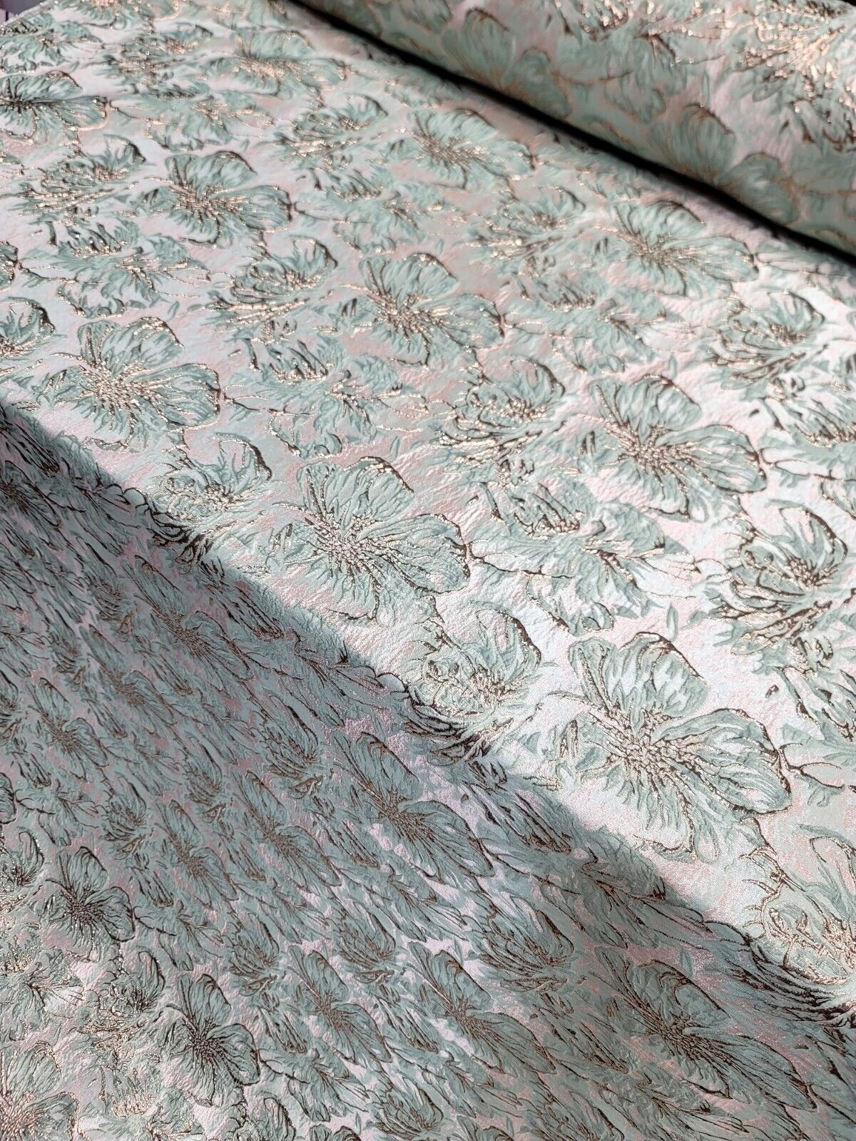 MINT GREEN ROSE GOLD Floral Brocade Fabric - Sold by the Yard