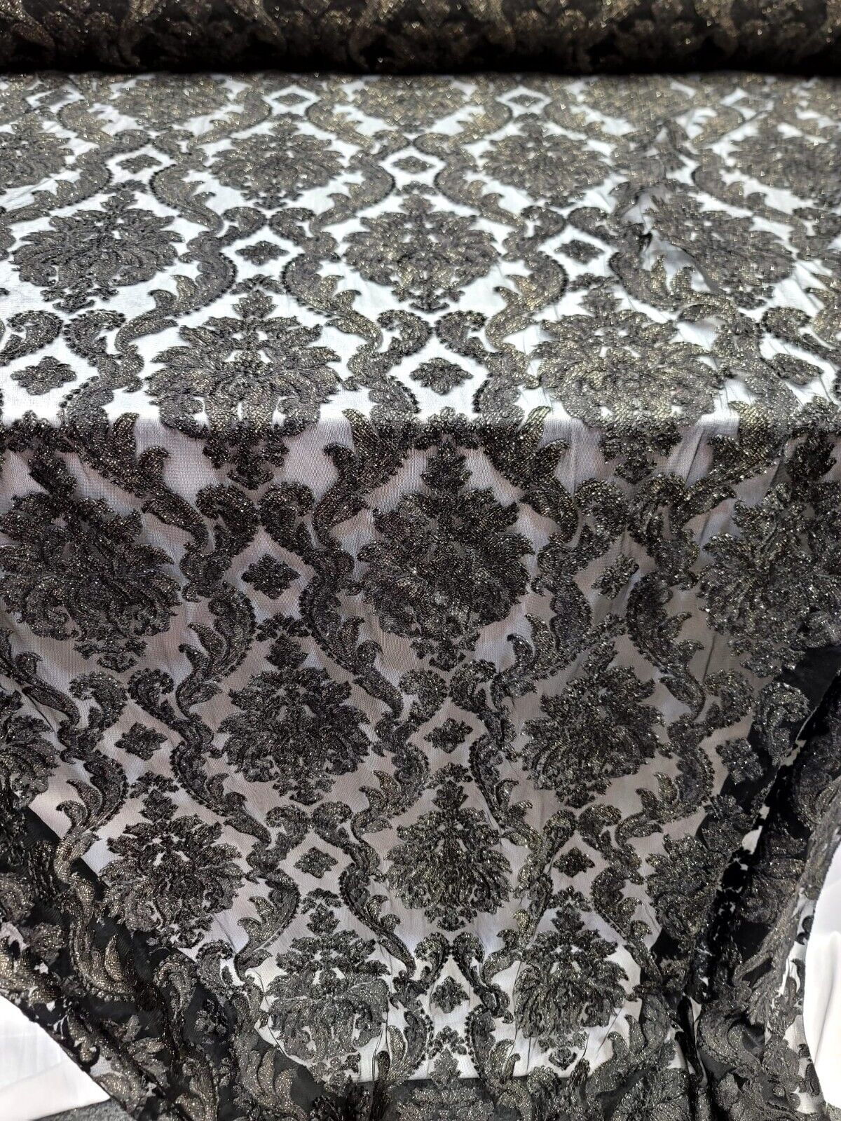 Embroidered Stretch Lace Apparel Fabric Sheer Black Floral Gold Accent - 52" Width