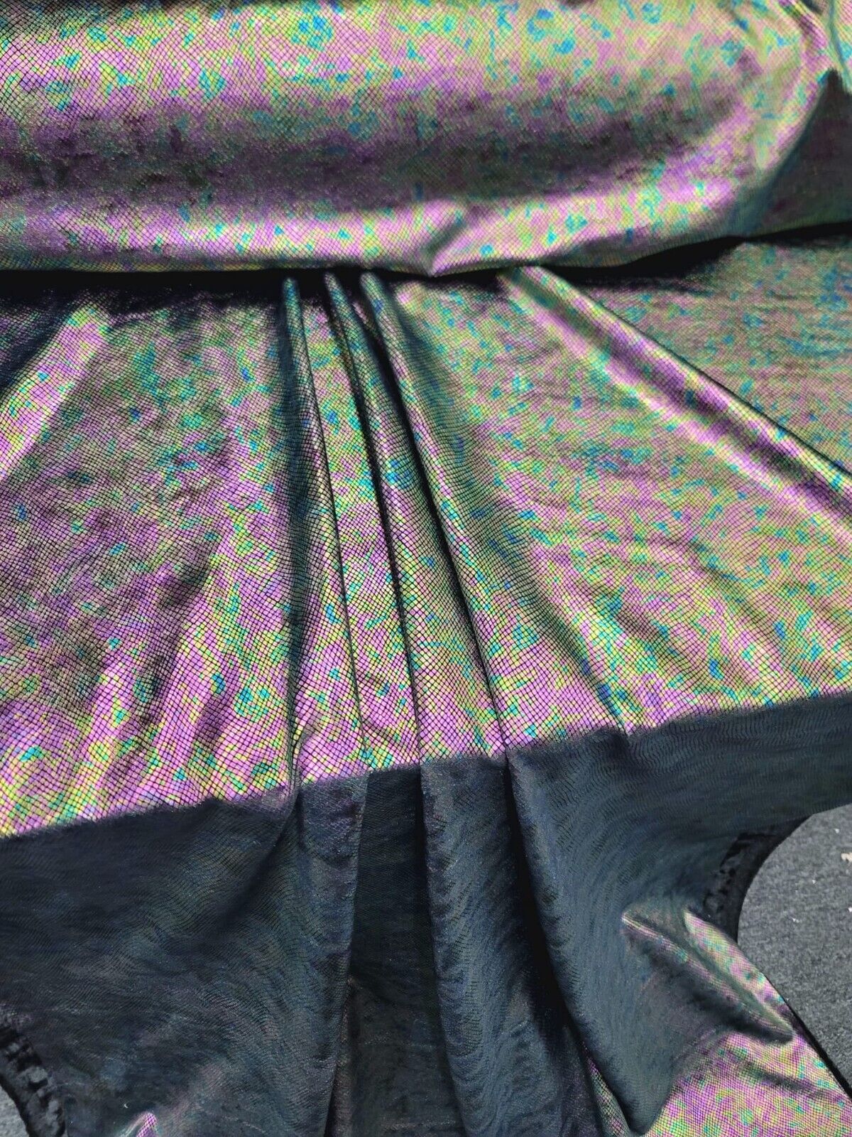 Exotic Design Iridescent Black Green Purple Print On Stretch Velvet Foil Fabric - Sold By the Yard