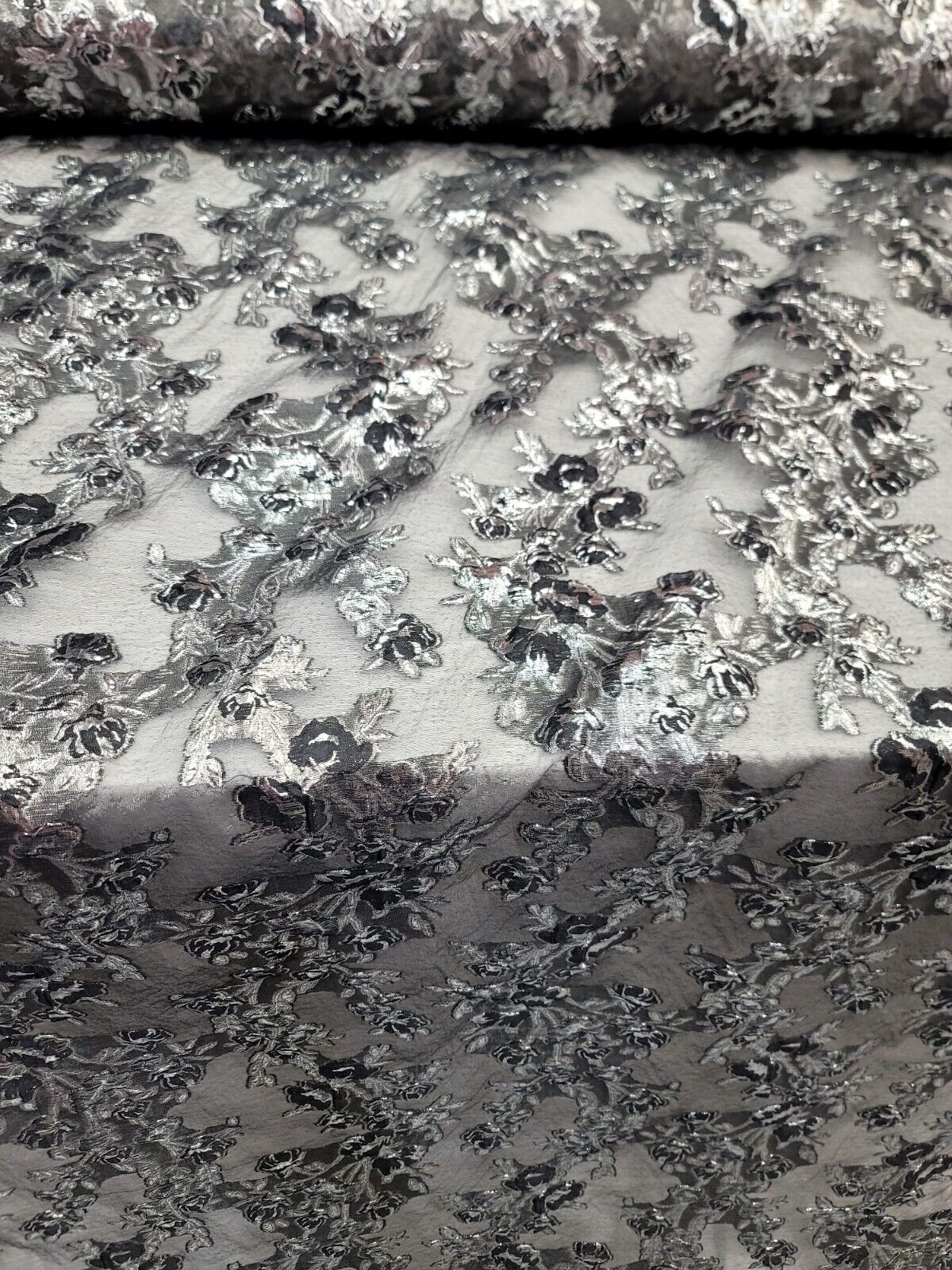 Metallic Silver Floral Brocade Fabric Gray Textured Organza Sold BTY