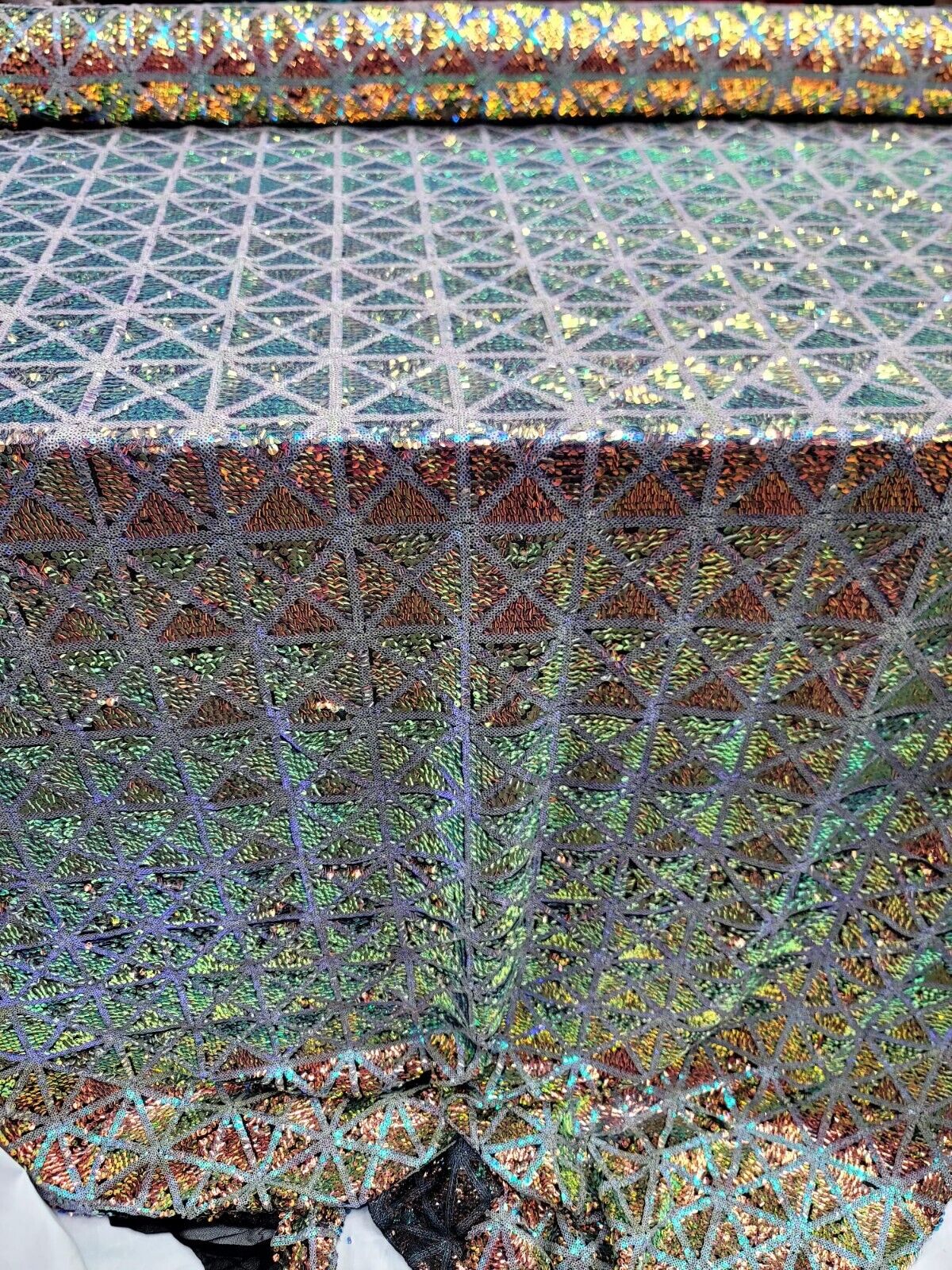 Green Blue Iridescent on Black Mesh 4 Way Stretch Sequins Fabric - 50" Width