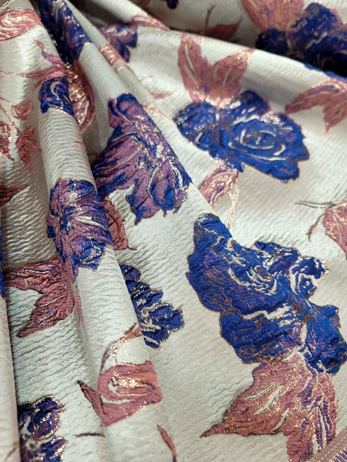 Royal Blue Floral Pink Brocade Fabric Sold By The Yard Rose Gold Metallic