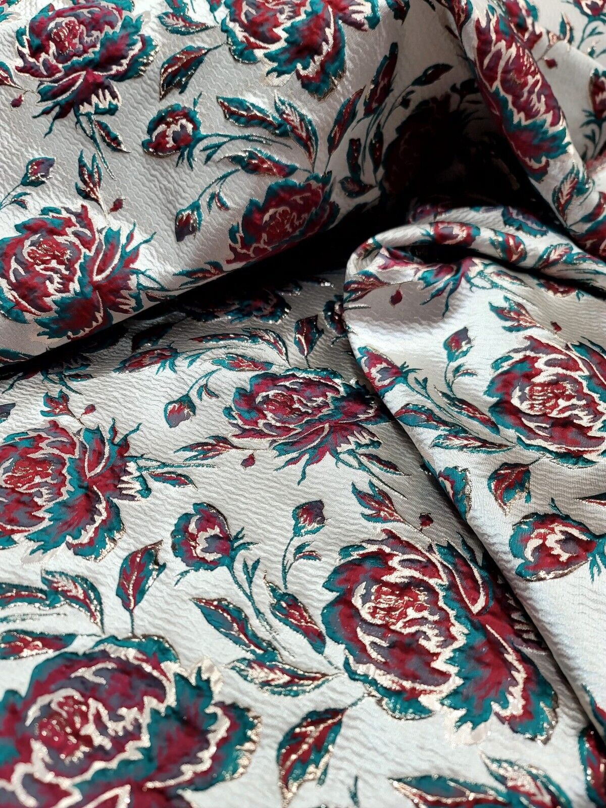 RED BROCADE FLORAL JACQUARD FABRIC WEDDING BY YARD HOME DECOR BEIGE BACKGROUND