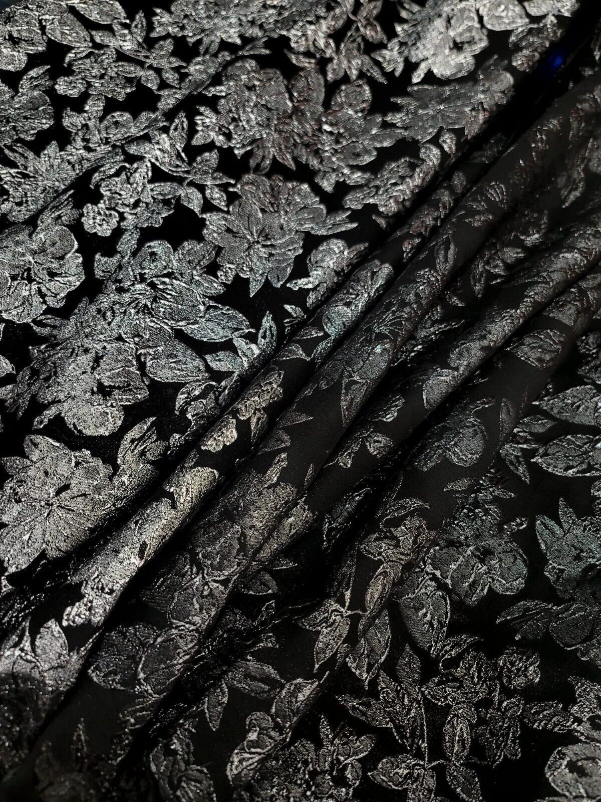 Silver Floral Brocade on Black Background Fabric by the Yard - Stunning Metallic Elegance