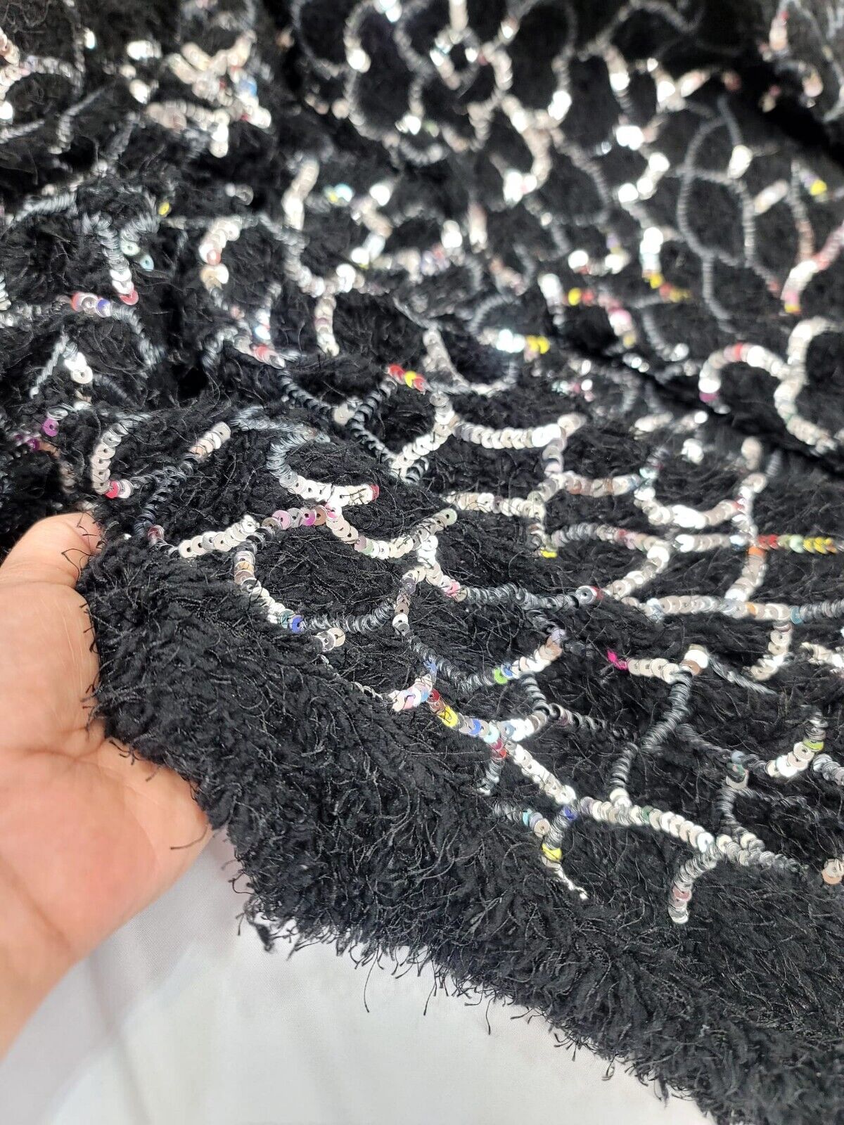 Shaggy Faux Fur Black Silver Sequin Design Stretch Fabric - Sold By The Yard