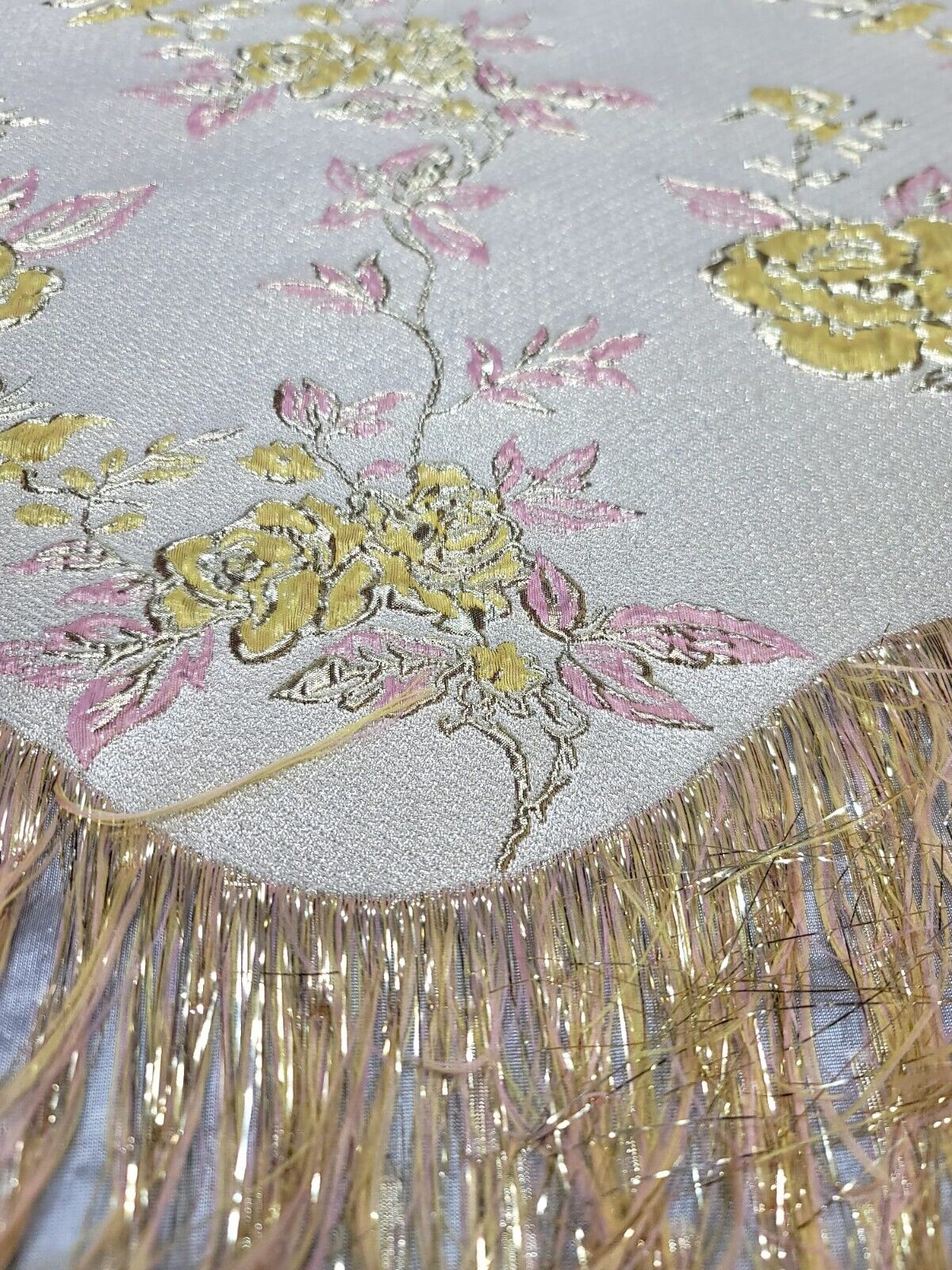 Yellow Pink Gold Metallic Brocade Eyelash Prom Fabric by the Yard