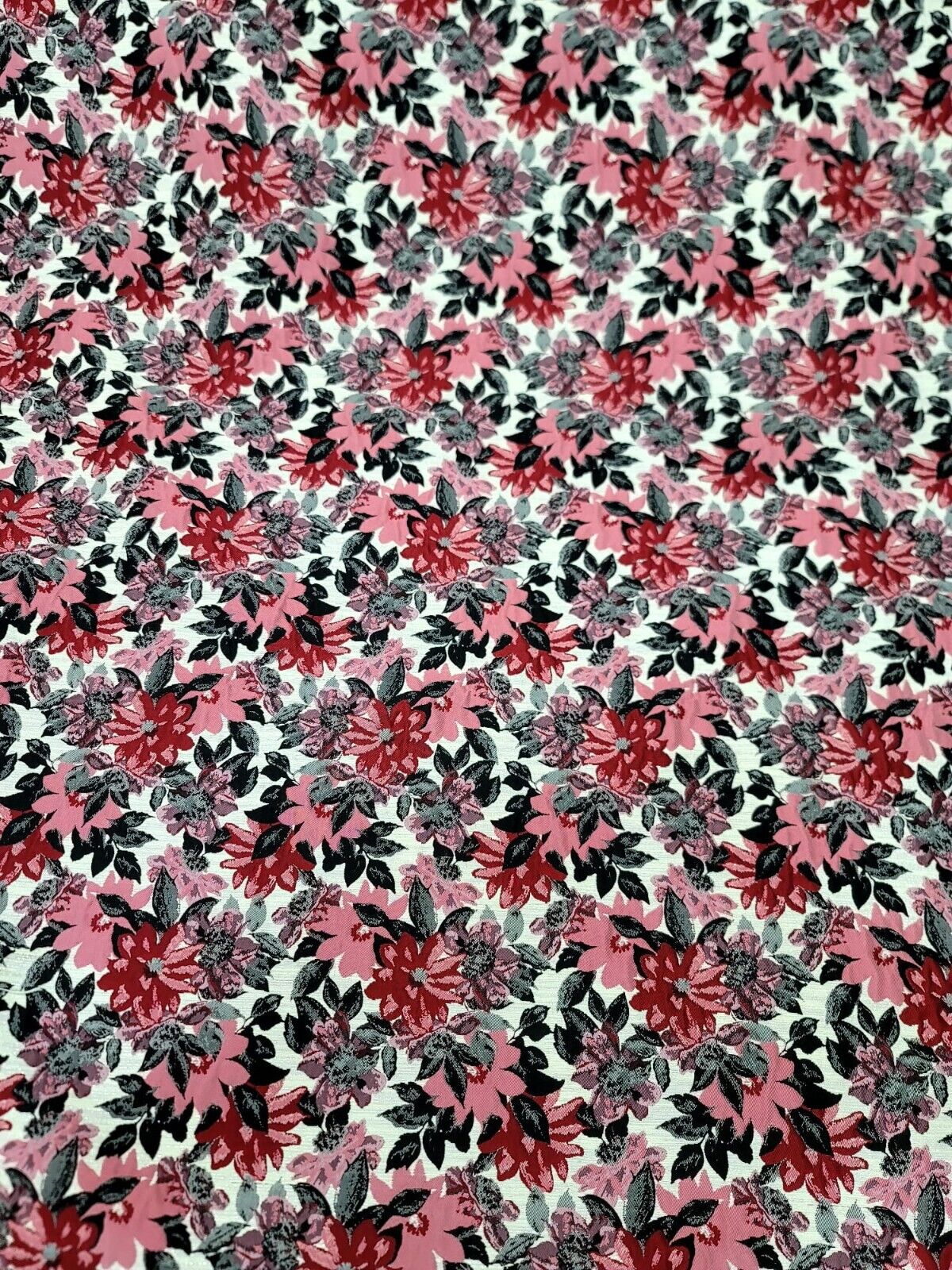 Pink Red Floral Chenille Upholstery Brocade Fabric - 56" Width - Sold by the Yard - Gray Leaves