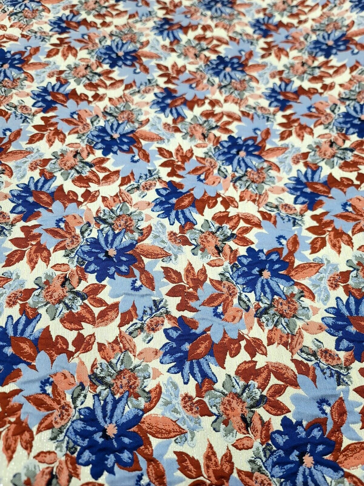 Blue Maroon Coral Floral Chenille Upholstery Brocade Fabric (54 inches) - Sold by the Yard