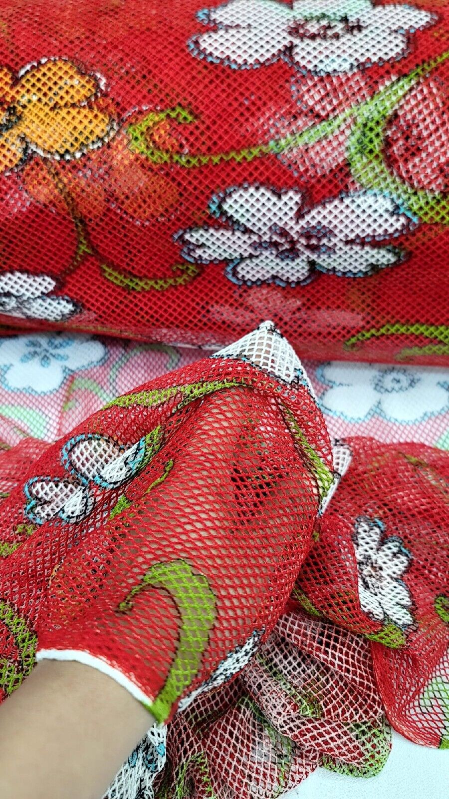 Fish Net Red Floral Flowers Fabric - Sold By The Yard - Fashion Fabric (54” Width)