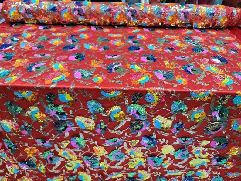 Multicolor Sequin Lace Neon Sequin Rainbow Embroidery Floral Red Mesh Fabric - Sold by the Yard