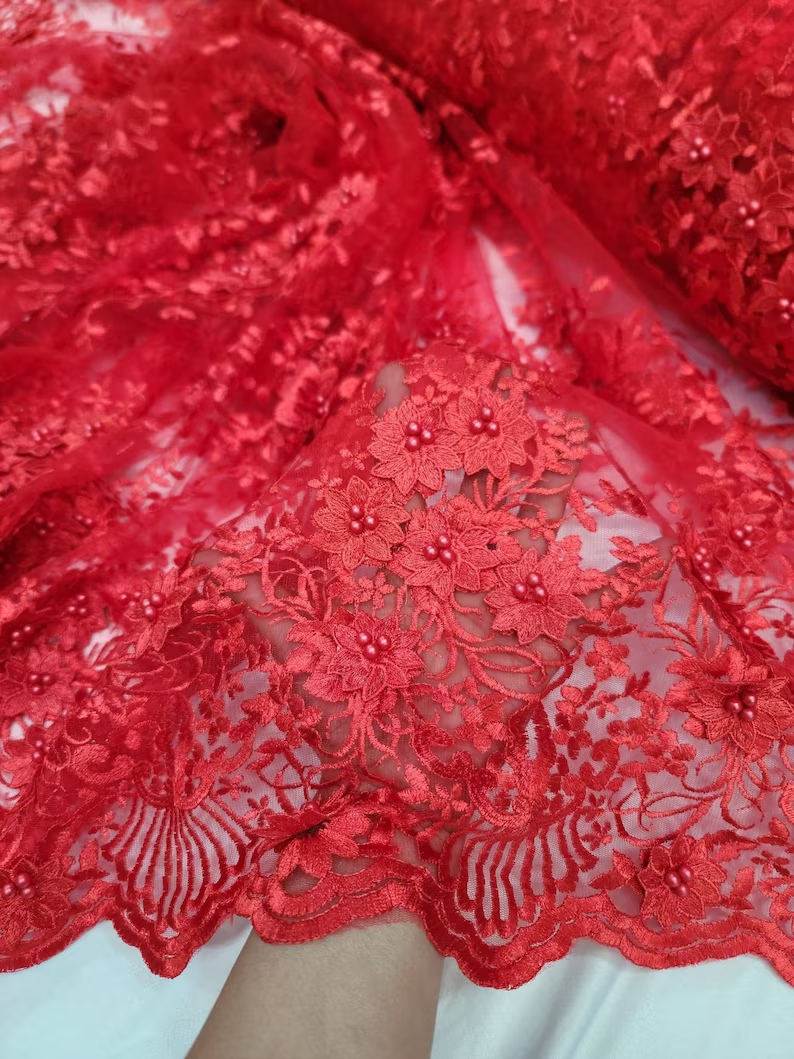 Red 3D Flower Lace Embroidery Lace Fabric - Sold by the Yard
