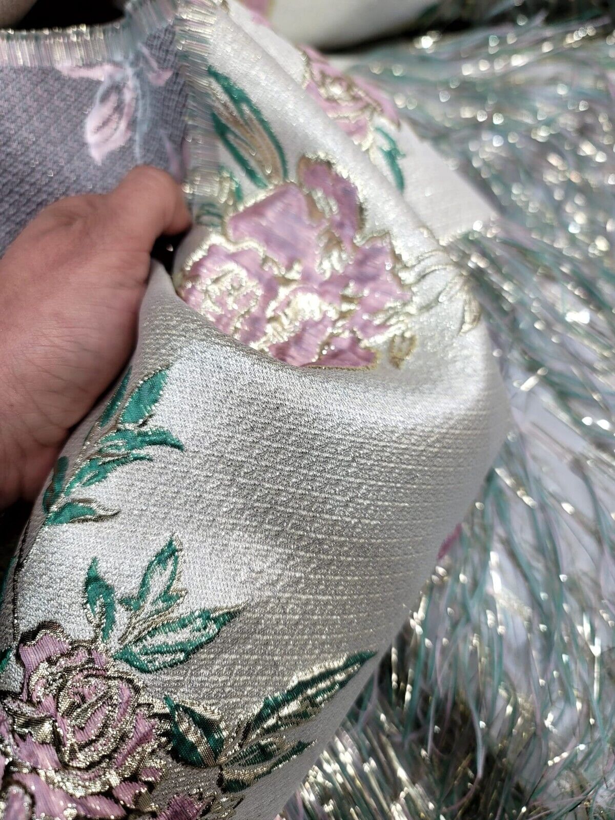 Sage Pink Gold Metallic Brocade Eyelash Prom Fabric by the Yard