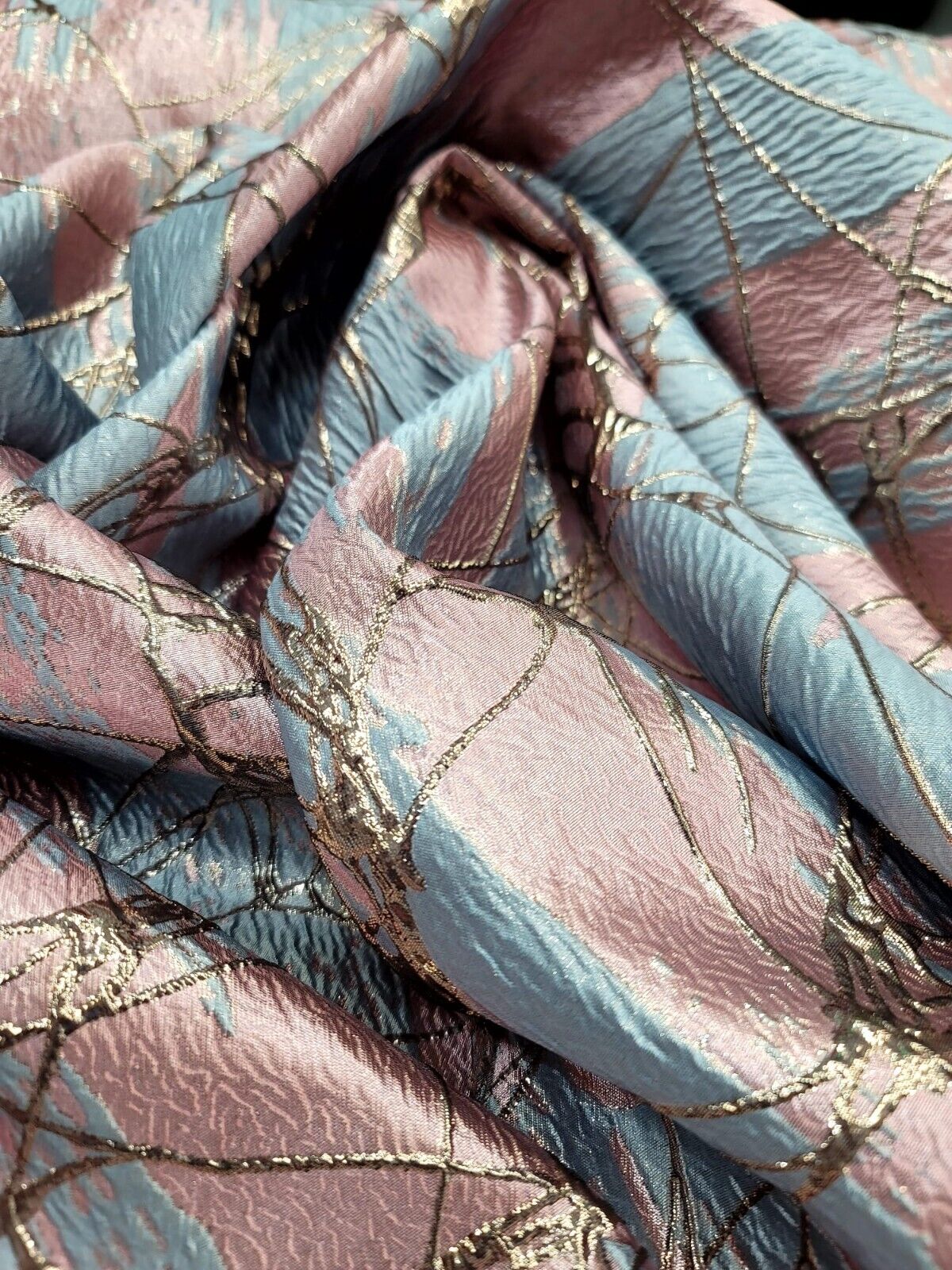 Pink Brocade Jacquard Fabric - Sold By The Yard - Sky Blue Metallic Rose Gold Fashion (60” Width)