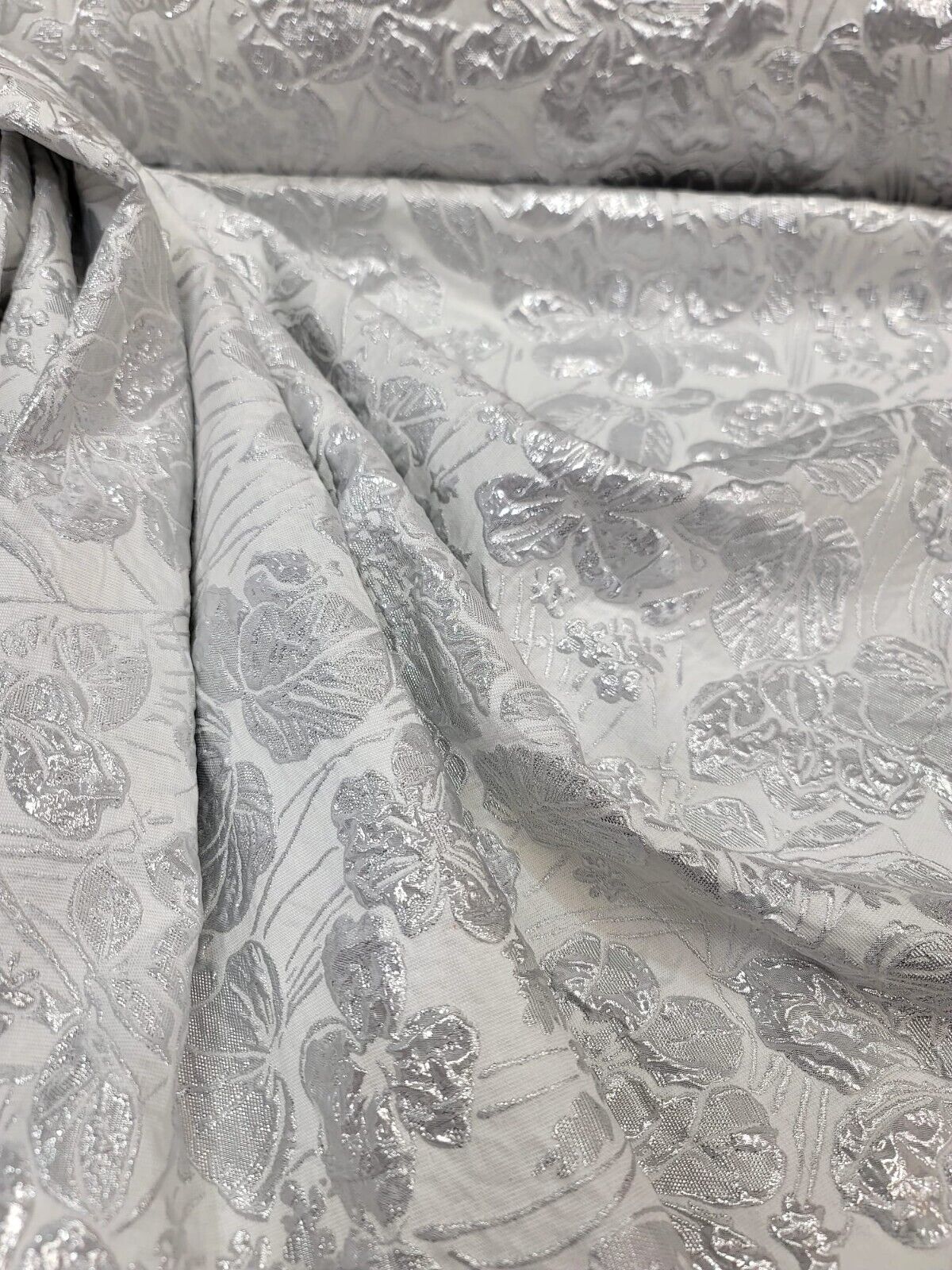 WHITE SILVER Floral Brocade Fabric 60" Sold By The Yard Embossed Flowers Bridal
