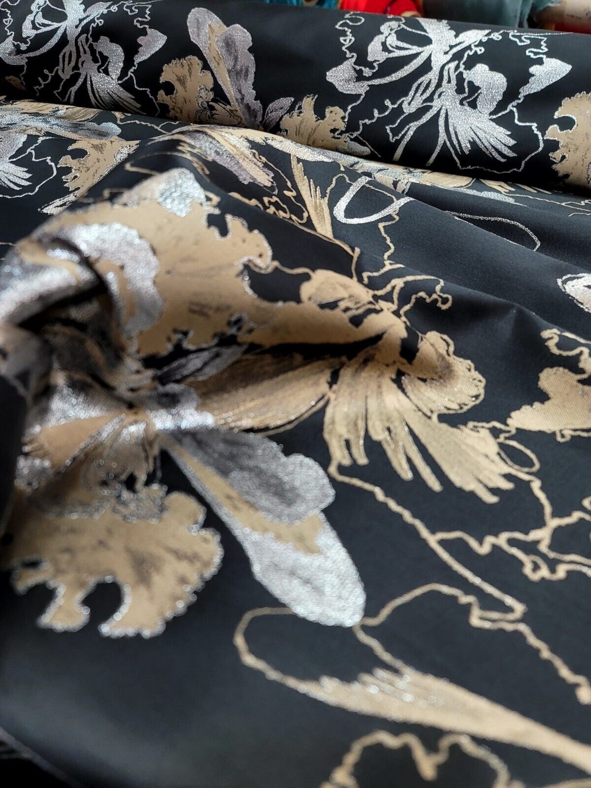 Gold,Silver and Black Damask Jacquard Brocade Floral Fabric - 60" Width
