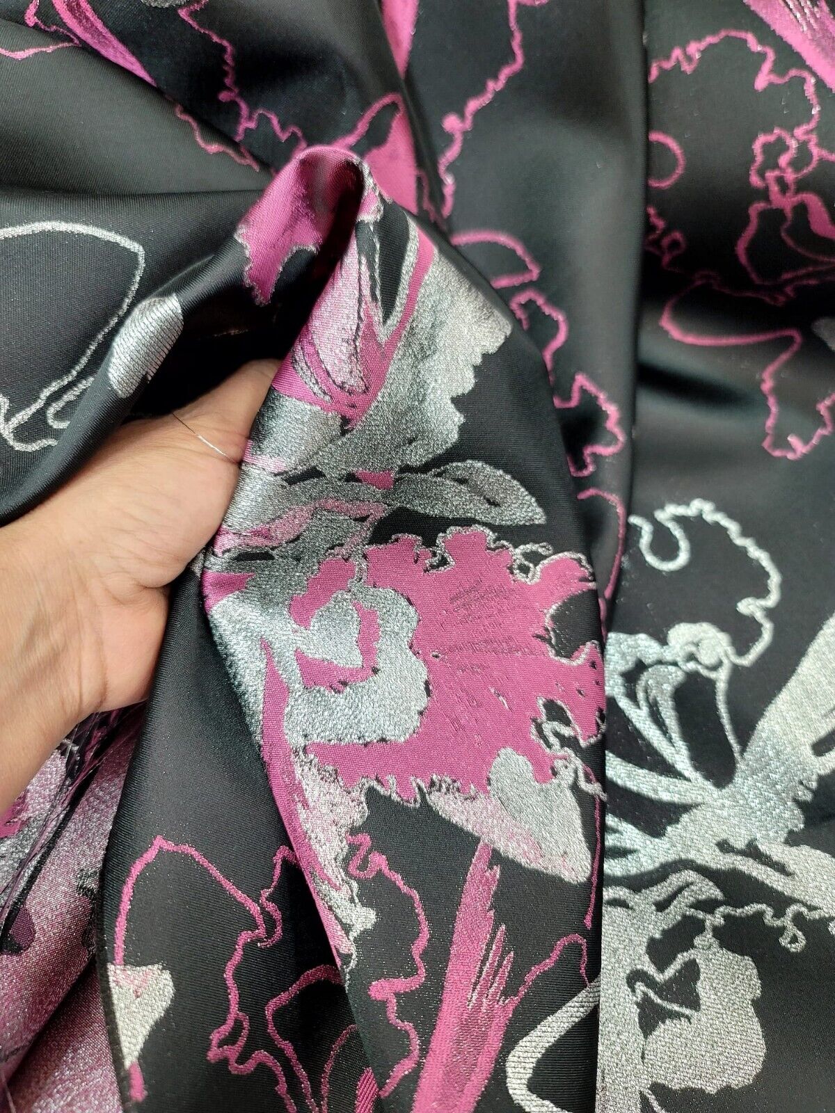 Pink Fuchsia Silver and Black Damask Jacquard Brocade Floral Fabric - 60" Width